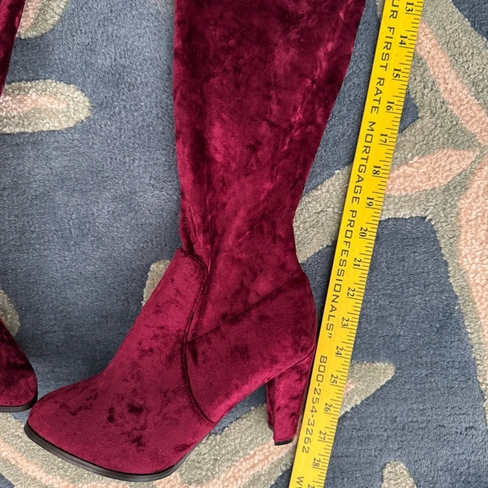Catherine Malandrino Over‎ The Knee Velvet Boots Burgundy Tie Back Heeled 7.5